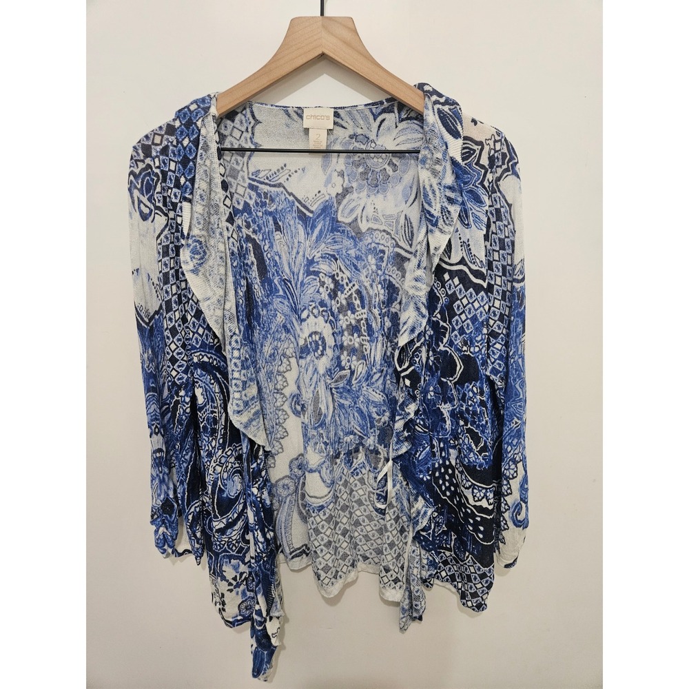 Chicos Blue White Paisley Geometric Open Front Cardigan Size 2 Large